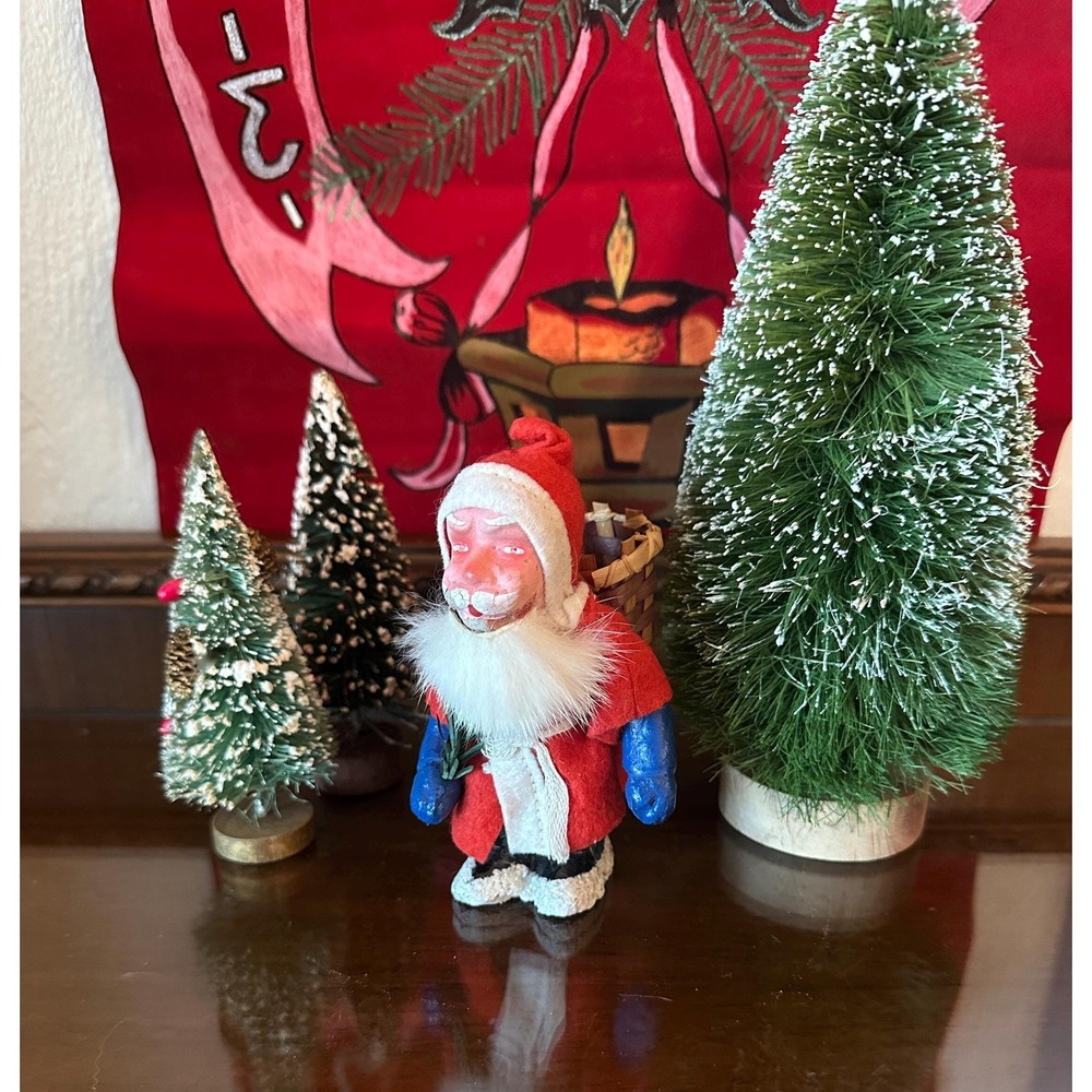Vintage German Belsnickel(?) 5'' Santa Claus With Basket Large Rabbit Fur Beard